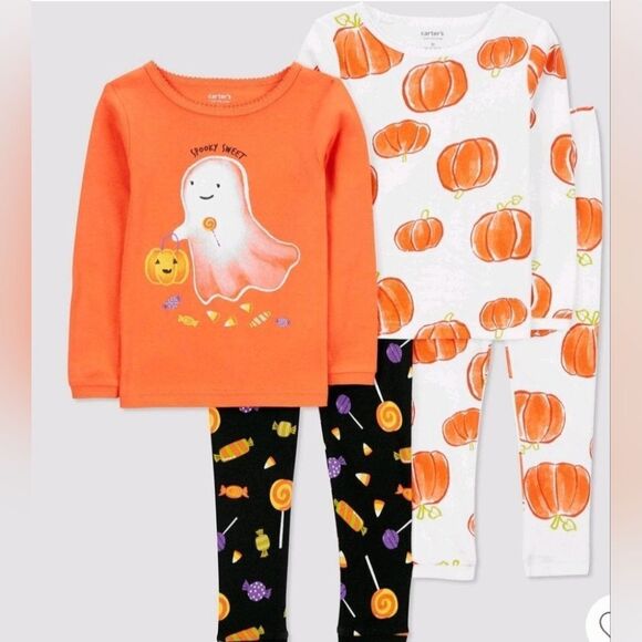 NWT Baby Girl Halloween Pajama Set 4 piece Pumpkin Ghost SPOOKY SWEET - Picture 1 of 9
